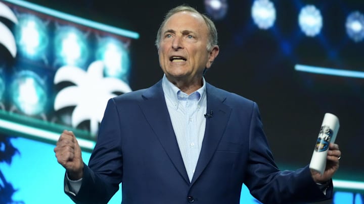 Jun 27, 2025; Los Angeles, California, USA; NHL Commissioner Gary Bettman greets fans to start the first round of the 2025 NHL Draft at Peacock Theater. Mandatory Credit: Kirby Lee-Imagn Images
