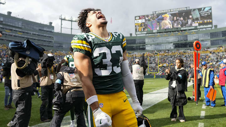 Green Bay Packers safety Evan Williams (33) celebrates following the game against the Arizona Cardinals at Lambeau Field. Green Bay Packers safety Evan Williams (33) celebrates following the game against the Arizona Cardinals at Lambeau Field.