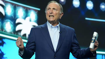Jun 27, 2025; Los Angeles, California, USA; NHL Commissioner Gary Bettman greets fans to start the first round of the 2025 NHL Draft at Peacock Theater. Mandatory Credit: Kirby Lee-Imagn Images