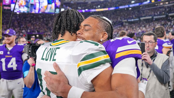 Minnesota Vikings receiver Justin Jefferson (18) hugs Green Bay Packers quarterback Jordan Love after last year's game in Minneapolis. Minnesota Vikings receiver Justin Jefferson (18) hugs Green Bay Packers quarterback Jordan Love after last year's game in Minneapolis.