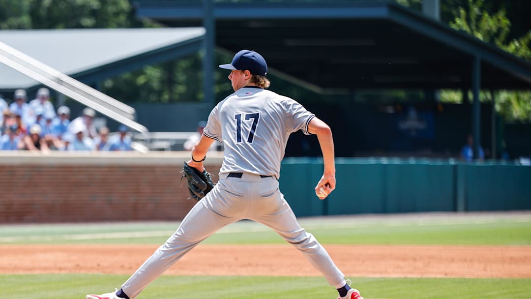 Jun 8, 2025; Chapel Hill, NC, USA;  Arizona pitcher Owen Kramkowski (17) pitches the ball during the first inning of the Super Regionals game against North Carolina in Chapel Hill, North Carolina. Mandatory Credit: Jaylynn Nash-Imagn Images
