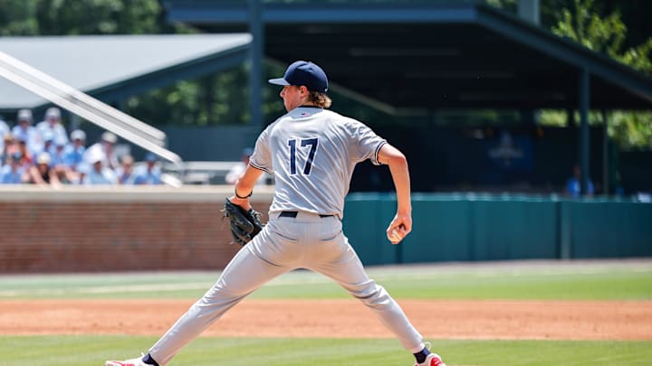 Jun 8, 2025; Chapel Hill, NC, USA;  Arizona pitcher Owen Kramkowski (17) pitches the ball during the first inning of the Super Regionals game against North Carolina in Chapel Hill, North Carolina. Mandatory Credit: Jaylynn Nash-Imagn Images