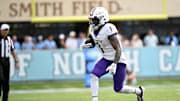 Sep 21, 2024; Chapel Hill, North Carolina, USA; James Madison Dukes wide receiver Cam Ross (1) with the ball in the second quarter at Kenan Memorial Stadium. Mandatory Credit: Bob Donnan-Imagn Images