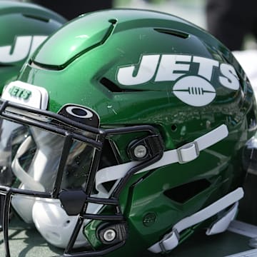 Sep 12, 2021; Charlotte, North Carolina, USA; New York Jets helmets wait during the second quarter against the Carolina Panthers at Bank of America Stadium. Mandatory Credit: Jim Dedmon-Imagn Images