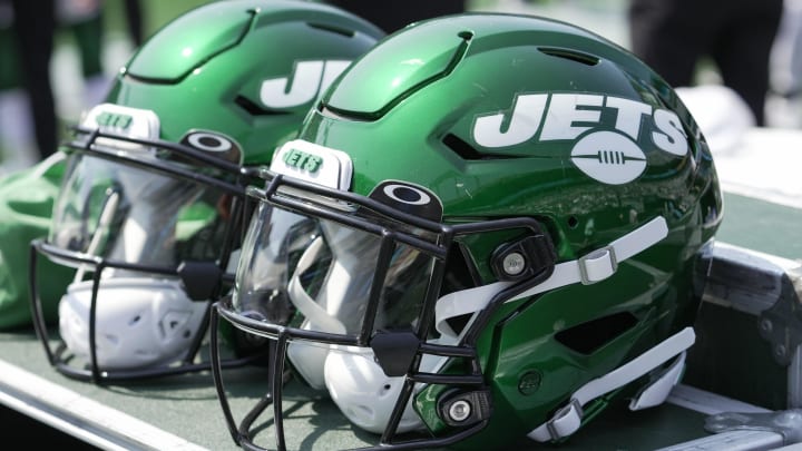 Sep 12, 2021; Charlotte, North Carolina, USA; New York Jets helmets wait during the second quarter against the Carolina Panthers at Bank of America Stadium.