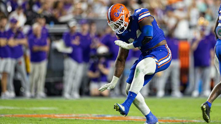 Nov 16, 2024; Gainesville, Florida, USA; Florida Gators defensive end Tyreak Sapp (94) gestures after a sack against the LSU Tigers during the second half at Ben Hill Griffin Stadium. Mandatory Credit: Matt Pendleton-Imagn Images