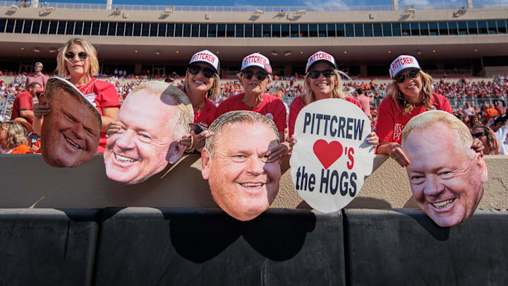 Sep 7, 2024; Stillwater, Oklahoma, USA; Arkansas Razorbacks fans prior to the game against the Oklahoma State Cowboys at Boone Pickens Stadium. Mandatory Credit: William Purnell-Imagn Images