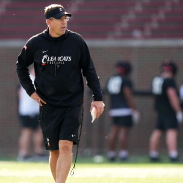 Cincinnati Bearcats head coach Scott Satterfield observes practice during spring football practice, Monday, March 4, 2024, at Nippert Stadium in Cincinnati.