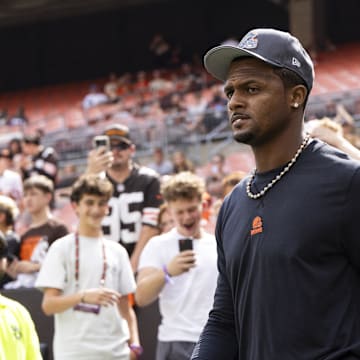 Aug 17, 2024; Cleveland, Ohio, USA; Cleveland Browns quarterback Deshaun Watson (4) walks out to the field before the game against the Minnesota Vikings at Cleveland Browns Stadium. Mandatory Credit: Scott Galvin-Imagn Images