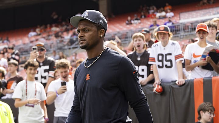 Aug 17, 2024; Cleveland, Ohio, USA; Cleveland Browns quarterback Deshaun Watson (4) walks out to the field before the game against the Minnesota Vikings at Cleveland Browns Stadium. Mandatory Credit: Scott Galvin-Imagn Images