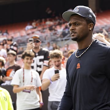 Aug 17, 2024; Cleveland, Ohio, USA; Cleveland Browns quarterback Deshaun Watson (4) walks out to the field before the game against the Minnesota Vikings at Cleveland Browns Stadium. Mandatory Credit: Scott Galvin-Imagn Images