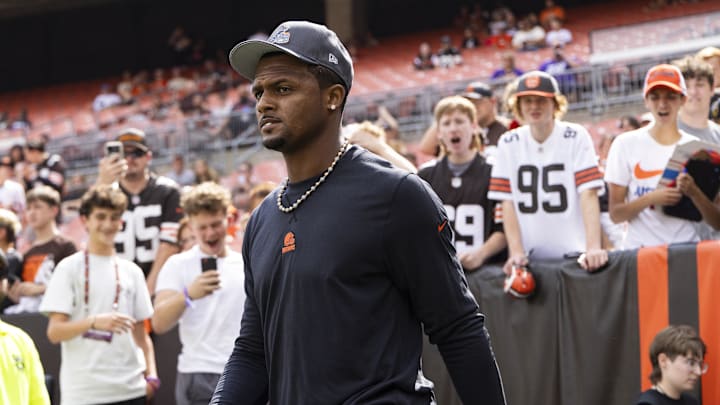 Aug 17, 2024; Cleveland, Ohio, USA; Cleveland Browns quarterback Deshaun Watson (4) walks out to the field before the game against the Minnesota Vikings at Cleveland Browns Stadium. Mandatory Credit: Scott Galvin-Imagn Images