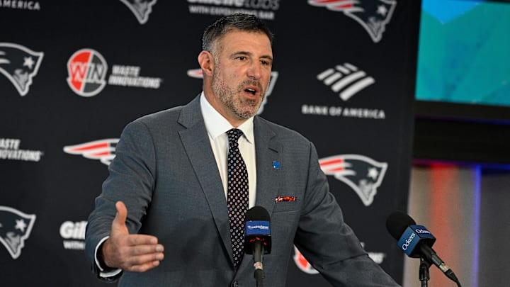 Jan 13, 2025; Foxborough, MA, USA; Mike Vrabel addresses media at a press conference to announce his hiring as the head coach of the New England Patriots at Gillette Stadium. Mandatory Credit: Eric Canha-Imagn Images