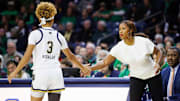 Notre Dame head coach Niele Ivey, right, slaps hands with guard Hannah Hidalgo (3) during a NCAA women's basketball game between No. 3 Notre Dame and Wake Forest at Purcell Pavilion on Thursday, Jan. 9, 2025, in South Bend.