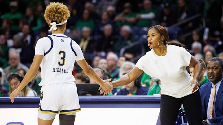 Notre Dame head coach Niele Ivey, right, slaps hands with guard Hannah Hidalgo (3) during a NCAA women's basketball game between No. 3 Notre Dame and Wake Forest at Purcell Pavilion on Thursday, Jan. 9, 2025, in South Bend.
