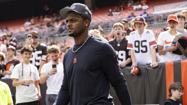 Aug 17, 2024; Cleveland, Ohio, USA; Cleveland Browns quarterback Deshaun Watson (4) walks out to the field before the game against the Minnesota Vikings at Cleveland Browns Stadium. Mandatory Credit: Scott Galvin-USA TODAY Sports