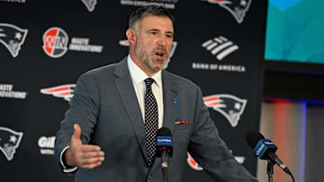 Jan 13, 2025; Foxborough, MA, USA; Mike Vrabel addresses media at a press conference to announce his hiring as the head coach of the New England Patriots at Gillette Stadium. Mandatory Credit: Eric Canha-Imagn Images