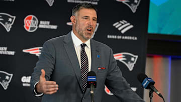 Jan 13, 2025; Foxborough, MA, USA; Mike Vrabel addresses media at a press conference to announce his hiring as the head coach of the New England Patriots at Gillette Stadium.