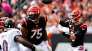 Cincinnati Bengals quarterback Joe Burrow (9) throws in the first quarter of a Week 2 NFL football game between the Baltimore Ravens and the Cincinnati Bengals Sunday, Sept. 17, 2023, at Paycor Stadium in Cincinnati.