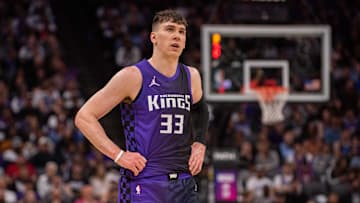 Mar 20, 2025; Sacramento, California, USA; Sacramento Kings forward Jake LaRavia (33) looks on during the fourth quarter of the game against the Chicago Bulls at Golden 1 Center. Mandatory Credit: Ed Szczepanski-Imagn Images