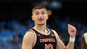 Dec 29, 2024; Chapel Hill, North Carolina, USA; Campbell Fighting Camels guard Jasin Sinani (13) on the court in the second half at Dean E. Smith Center. Mandatory Credit: Bob Donnan-Imagn Images