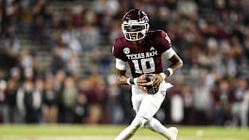 Nov 11, 2023; College Station, Texas, USA; Texas A&M Aggies quarterback Marcel Reed (10) in action during the second half against the Mississippi State Bulldogs at Kyle Field. Mandatory Credit: Maria Lysaker-Imagn Images