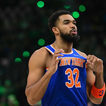 Oct 28, 2025; Milwaukee, Wisconsin, USA;  New York Knicks center Karl-Anthony Towns (32) gestures before game against the Milwaukee Bucks at Fiserv Forum. Mandatory Credit: Benny Sieu-Imagn Images