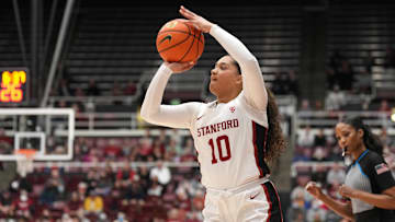 Jan 20, 2023; Stanford, California, USA; Stanford Cardinal guard Talana Lepolo (10) shoots against the Utah Utes during the first quarter at Maples Pavilion. Mandatory Credit: Darren Yamashita-Imagn Images