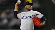 Sep 21, 2025; Arlington, Texas, USA; Miami Marlins relief pitcher George Soriano (62) pitches against the Texas Rangers during the ninth inning at Globe Life Field. Mandatory Credit: Jerome Miron-Imagn Images