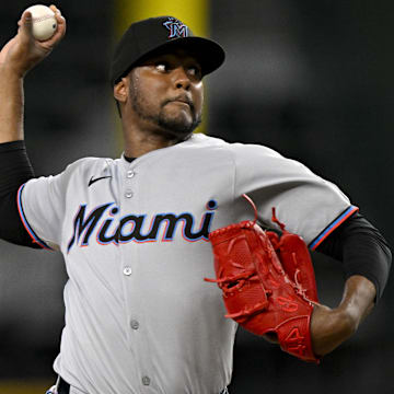 Sep 21, 2025; Arlington, Texas, USA; Miami Marlins relief pitcher George Soriano (62) pitches against the Texas Rangers during the ninth inning at Globe Life Field. Mandatory Credit: Jerome Miron-Imagn Images