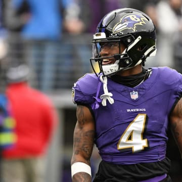 Jan 28, 2024; Baltimore, Maryland, USA; Baltimore Ravens wide receiver Zay Flowers (4) looks on from the field prior to the AFC Championship football game against the Kansas City Chiefs at M&T Bank Stadium. Mandatory Credit: Tommy Gilligan-USA TODAY Sports