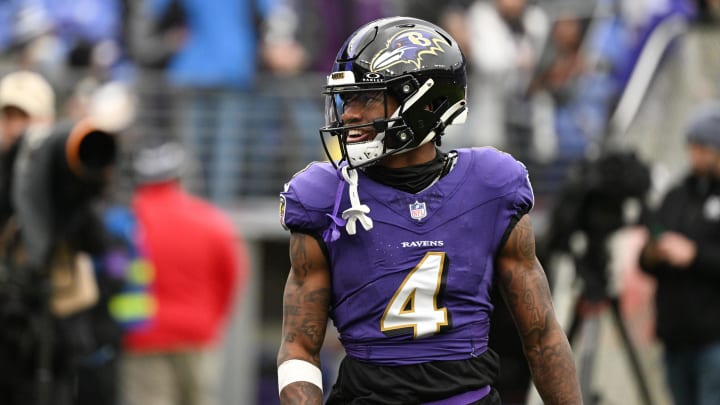 Jan 28, 2024; Baltimore, Maryland, USA; Baltimore Ravens wide receiver Zay Flowers (4) looks on from the field prior to the AFC Championship football game against the Kansas City Chiefs at M&T Bank Stadium. Mandatory Credit: Tommy Gilligan-USA TODAY Sports