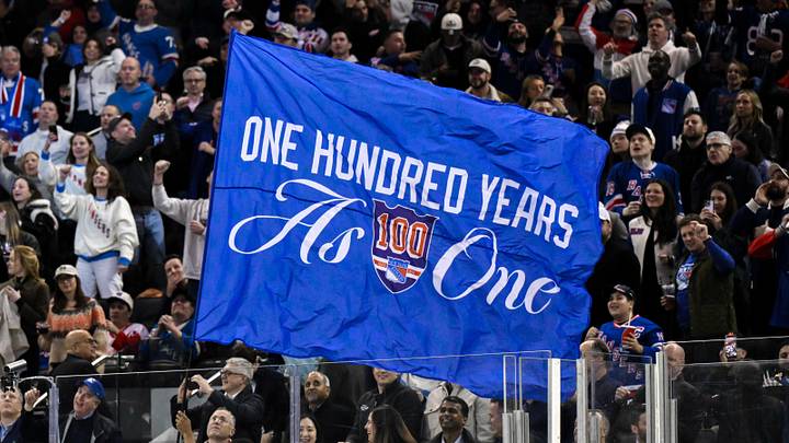 Nov 16, 2025; New York, New York, USA; General view of a flag being waved by New York Rangers staff during the second period against the Detroit Red Wings at Madison Square Garden.
