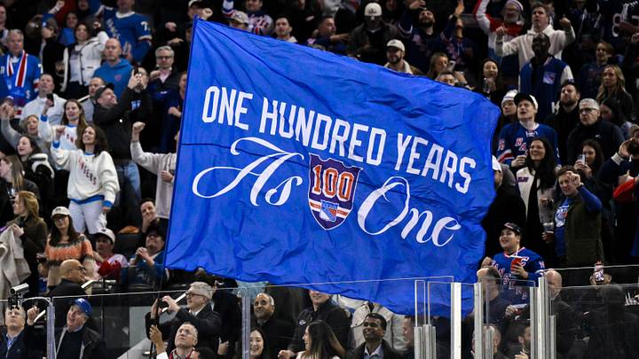 Nov 16, 2025; New York, New York, USA; General view of a flag being waved by New York Rangers staff during the second period against the Detroit Red Wings at Madison Square Garden. Nov 16, 2025; New York, New York, USA; General view of a flag being waved by New York Rangers staff during the second period against the Detroit Red Wings at Madison Square Garden.