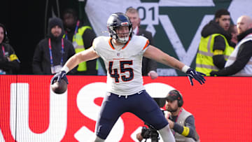 Oct 12, 2025; Tottenham, United Kingdom; Denver Broncos tight end Nate Adkins (45) celebrates a touchdown against the New York Jets during an NFL International Series game at Tottenham Hotspur Stadium. Mandatory Credit: Kirby Lee-Imagn Images