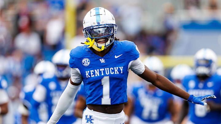 Sep 21, 2024; Lexington, Kentucky, USA; Kentucky Wildcats defensive back Maxwell Hairston (1) runs onto the field before the game against the Ohio Bobcats