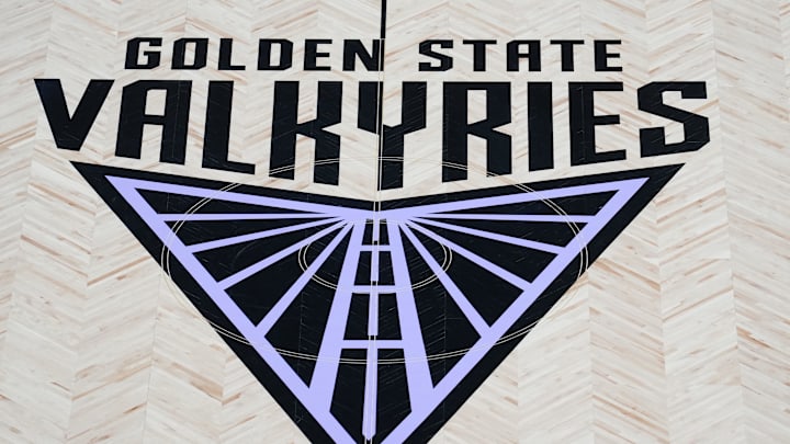 A view of the Golden State Valkyries logo at center court before the game against the Los Angeles Sparks at Chase Center. A view of the Golden State Valkyries logo at center court before the game against the Los Angeles Sparks at Chase Center.