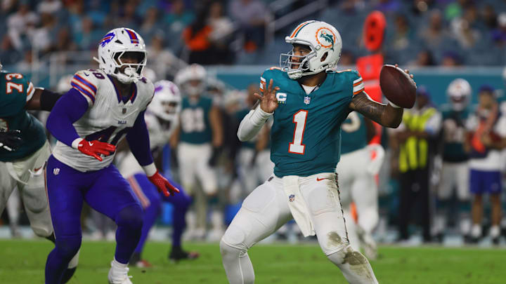 Miami Dolphins quarterback Tua Tagovailoa throws the football against the Buffalo Bills at Hard Rock Stadium