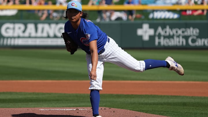 Mar 1, 2026; Mesa, Arizona, USA; Chicago Cubs pitcher Shota Imanaga (18) throws against the Chicago White Sox in the first inning at Sloan Park. Mandatory Credit: Rick Scuteri-Imagn Images