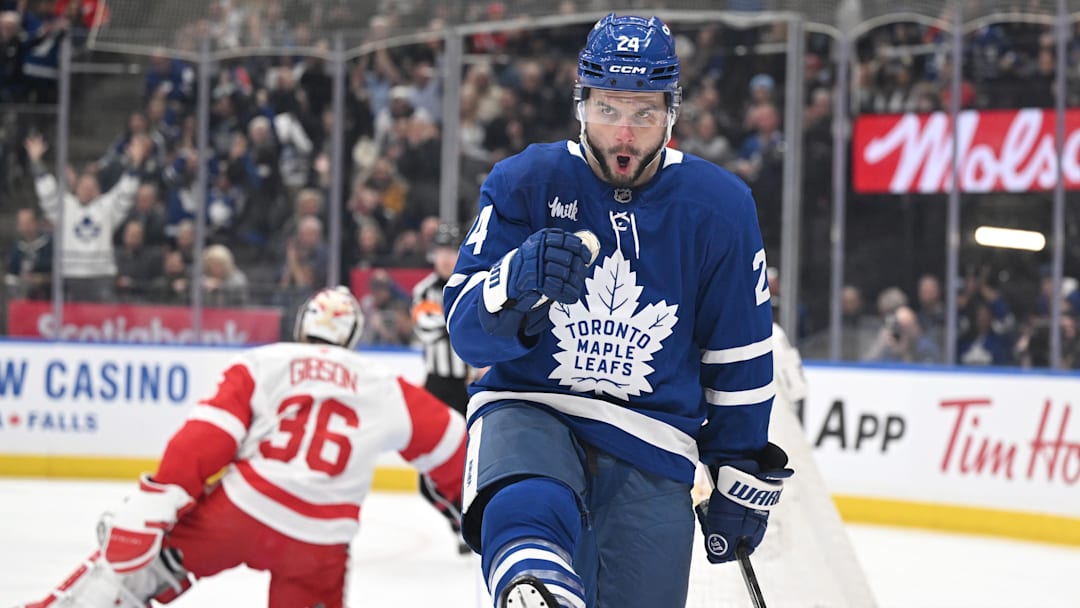 Jan 21, 2026; Toronto, Ontario, CAN;  Toronto Maple Leafs forward Scott Laughton (24) celebrates after scoring a goal against Detroit Red Wings goalie John Gibson (36) in the first period at Scotiabank Arena. Mandatory Credit: Dan Hamilton-Imagn Images