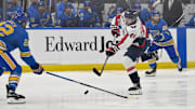 Nov 9, 2024; St. Louis, Missouri, USA;  Washington Capitals center Connor McMichael (24) shoots and scores against the St. Louis Blues during the first period at Enterprise Center. Mandatory Credit: Jeff Curry-Imagn Images