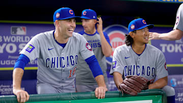 Chicago Cubs pitchers Matthew Boyd and Shota Imanaga converse during the MLB Tokyo Series.