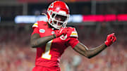 Sep 5, 2024; Kansas City, Missouri, USA; Kansas City Chiefs wide receiver Xavier Worthy (1) celebrates after scoring a touchdown during the second half against the Baltimore Ravens at GEHA Field at Arrowhead Stadium. Mandatory Credit: Jay Biggerstaff-Imagn Images