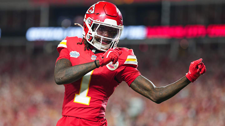 Sep 5, 2024; Kansas City, Missouri, USA; Kansas City Chiefs wide receiver Xavier Worthy (1) celebrates after scoring a touchdown during the second half against the Baltimore Ravens at GEHA Field at Arrowhead Stadium. Mandatory Credit: Jay Biggerstaff-Imagn Images