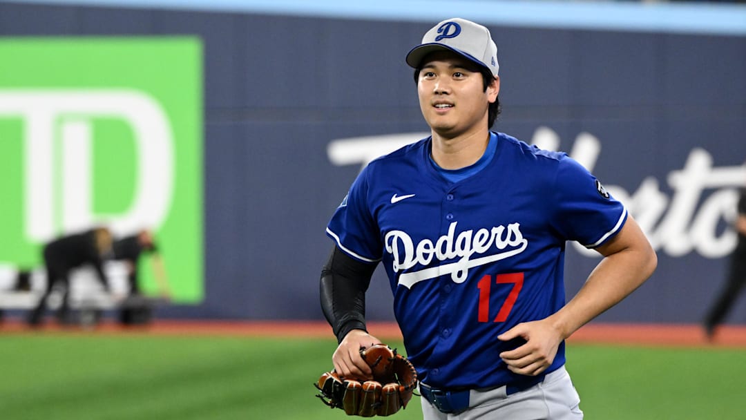 Oct 24, 2025; Toronto, Ontario, CAN; Los Angeles Dodgers designated hitter Shohei Ohtani (17) looks on during batting practice prior to game one of the 2025 MLB World Series at Rogers Centre. Mandatory Credit: Dan Hamilton-Imagn Images