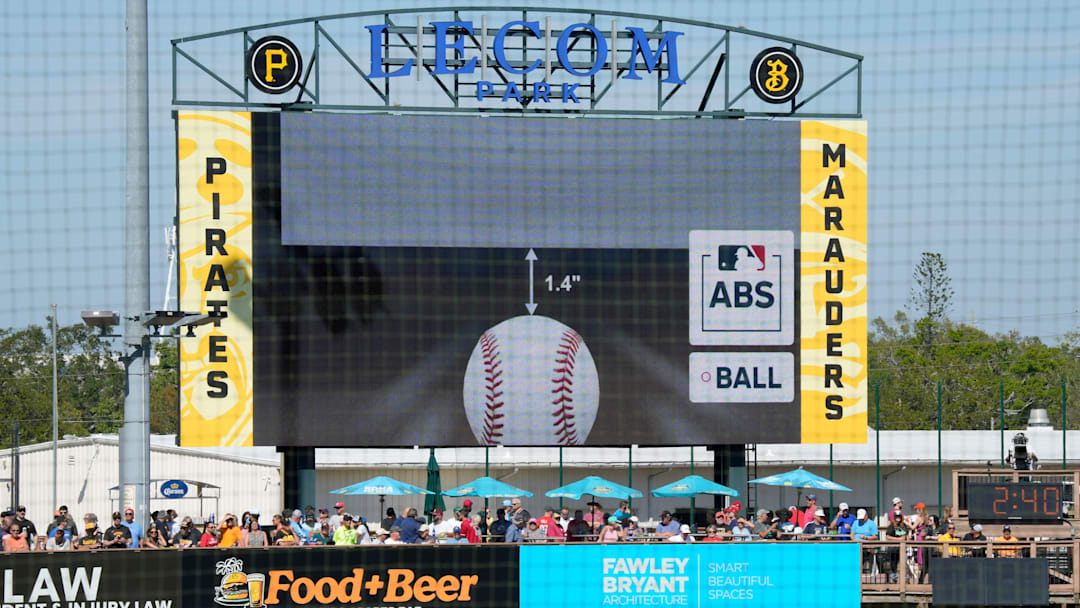 The scoreboard at LECOM Park displays a screen from the ABS challenge system, indicating that a called strike was actually a ball, 1.4” below the strick zone. Major League Baseball is testing an Automated Ball-Stike (ABS) challenge system at select spring training parks. The system allows players to challenge a limited number of ball/stike calls during a game. Calls can be overturned if the pitch tracking technology shows an umpire got a call wrong.