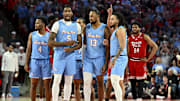 Feb 1, 2025; Houston, Texas, USA; Houston Cougars forward J'Wan Roberts (13), forward Ja'Vier Francis (5), guard L.J. Cryer (4), and guard Emanuel Sharp (21) stand on the court during the first half against the Texas Tech Red Raiders at Fertitta Center. Mandatory Credit: Maria Lysaker-Imagn Images 