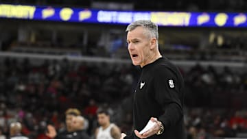 Dec 3, 2025; Chicago, Illinois, USA;  Chicago Bulls head coach Billy Donovan directs the team during the first half against the Brooklyn Nets at the United Center. Mandatory Credit: Matt Marton-Imagn Images