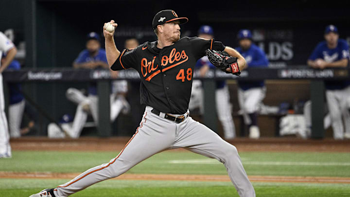 Arlington, Texas, USA; Baltimore Orioles pitcher Kyle Gibson (48) pitches in the fourth inning against the Texas Rangers during game three of the ALDS for the 2023 MLB playoffs at Globe Life Field. Arlington, Texas, USA; Baltimore Orioles pitcher Kyle Gibson (48) pitches in the fourth inning against the Texas Rangers during game three of the ALDS for the 2023 MLB playoffs at Globe Life Field.