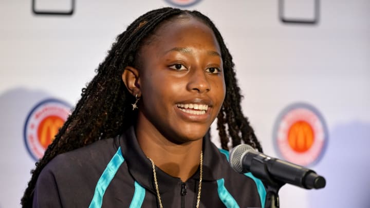 Apr 1, 2024; Houston, TX, USA; McDonald's All American East forward Joyce Edwards speaks during a press conference at JW Marriott Houston by The Galleria. Mandatory Credit: Maria Lysaker-USA TODAY Sports